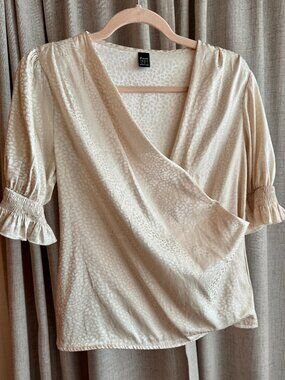 Sason Cream Blouse- Size Small- Satin Puff Sleeve Animal Print